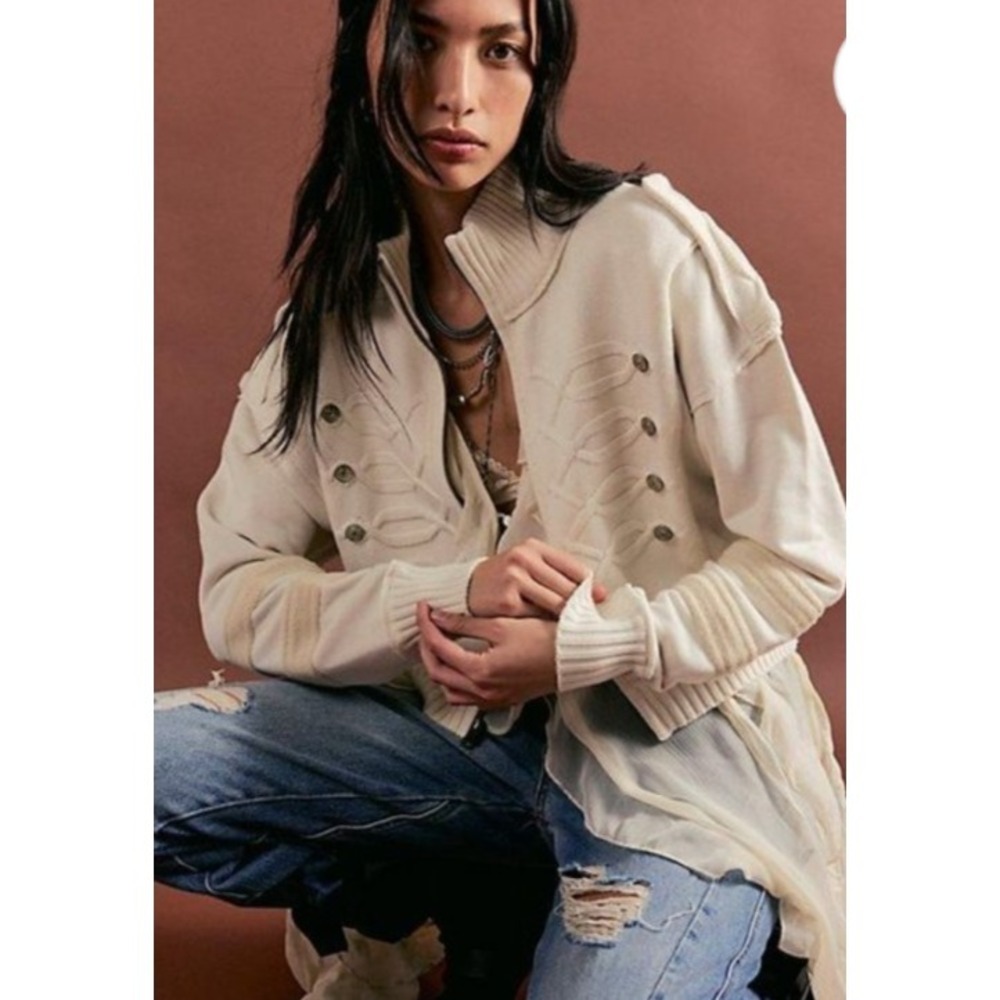 Free People Women's Natural We The Free Band Cardi Y2K Sweater Quiet Luxury M - Picture 3 of 12